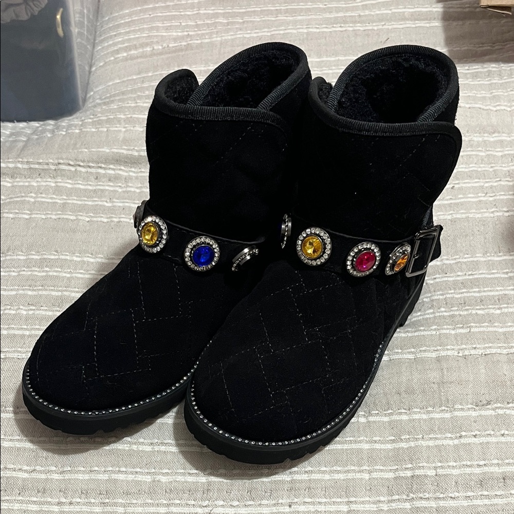 Kurt Geiger Black Quilted Kids Boots with Gem Accents